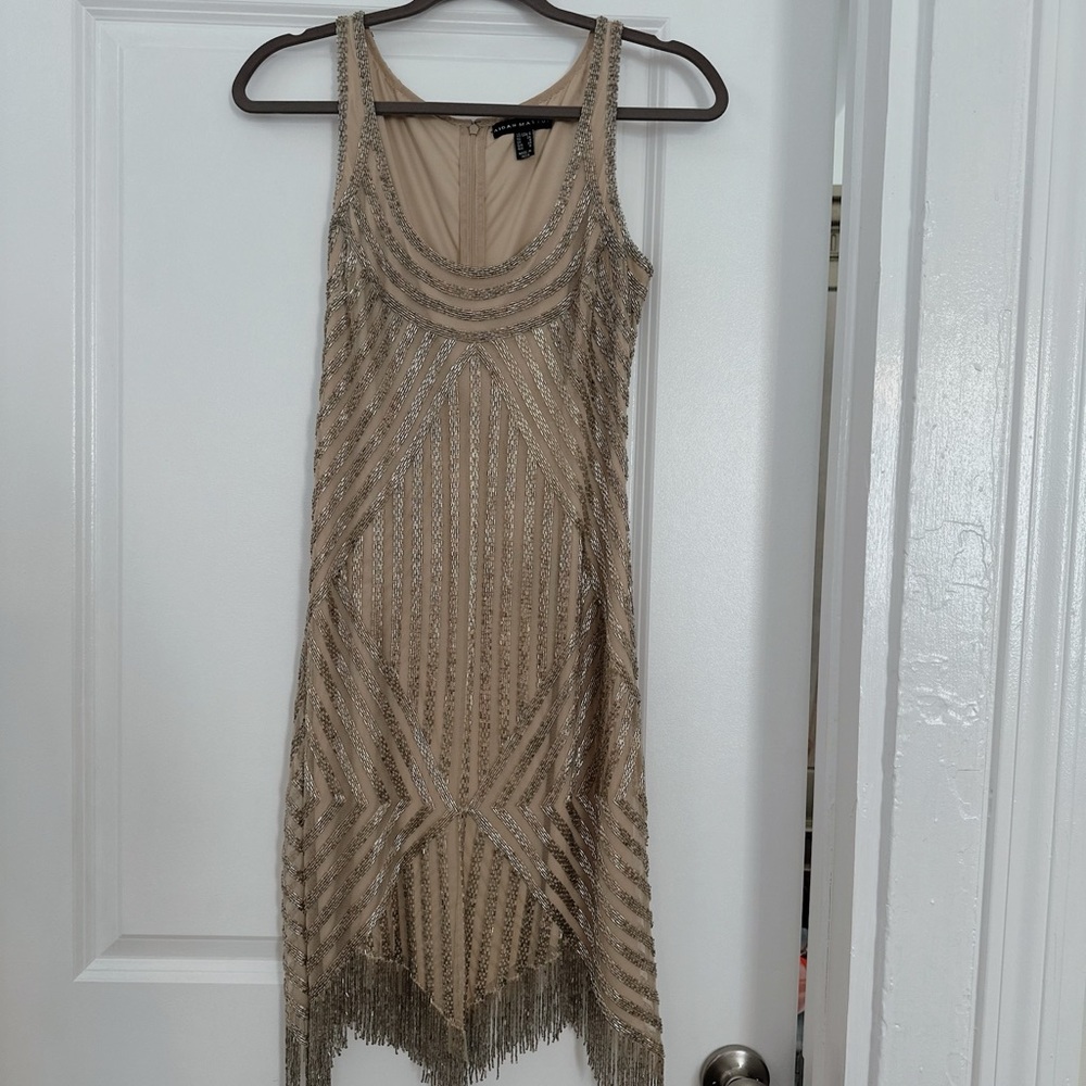 Aidan Mattox Gold Asymmetrical Fringe Dress